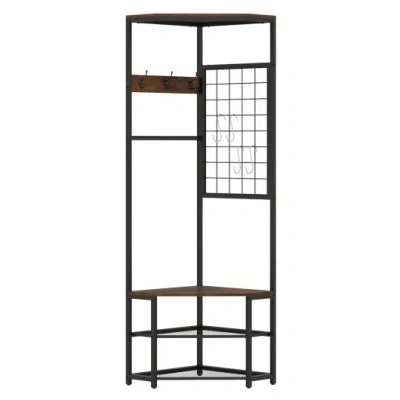 Costway Corner Hall Tree Freestanding Coat Rack With Storage Shelves Removable Hooks-brown