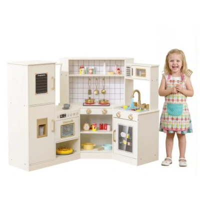 Costway Corner Kids Play Kitchen With Stoves With Lights And Sounds-beige In Multi