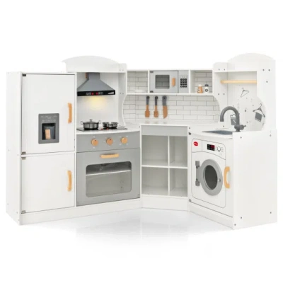 Costway Corner Kids Play Kitchen With Washing Machine And Ice Maker Gift For Boys Girls-white In Multi