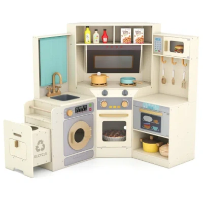 Costway Corner Kitchen Toys With Lights And Sounds With Pull-out Trash Can And Stoves-off White In Neutral