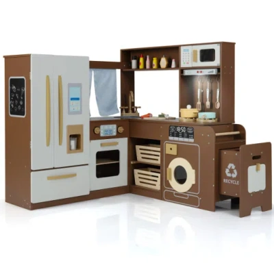 Costway Corner Play Kitchen With Lights And Sounds For Ages 3+-brown