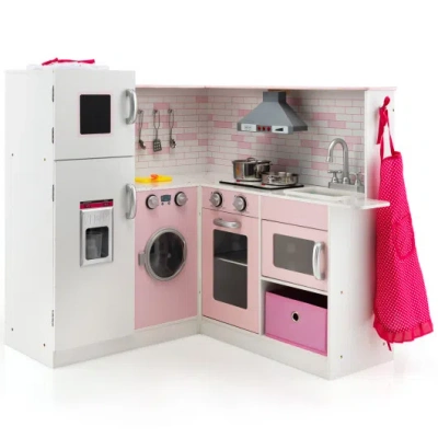 Costway Corner Play Kitchen Wooden Toy Set With Sound And Light In White