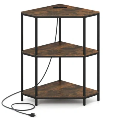 Costway Corner Printer Stand 3-tier Corner Shelf With Charging Station And Metal Frame-rustic Brown