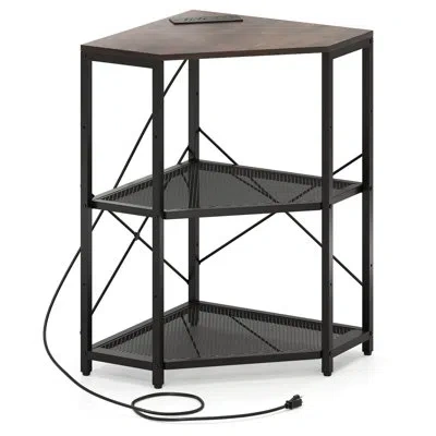 Costway Corner Printer Stand With Charging Station Adjustable Metal Mesh Shelf In Brown,black