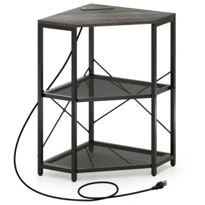 Costway Corner Printer Stand With Power Outlet 3-tier Storage Rack With Adjustable Shelf-black In Multi