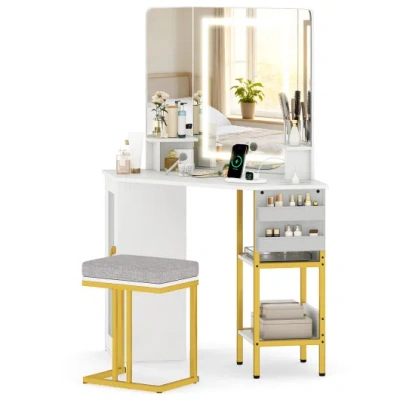Costway Corner Vanity Desk With Mirror And Lights Makeup Dressing Table With Triple Mirror-white In Gray