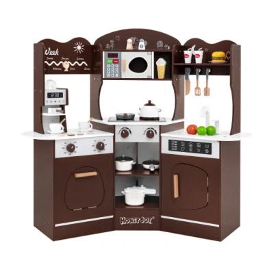 Costway Corner Wooden Play Kitchen With Coffee Machine And Slide For Kids-brown