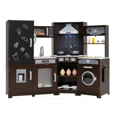 Costway Corner Wooden Play Kitchen With Lights And Sounds Large Pretend Play Kitchen Set-espresso In Brown