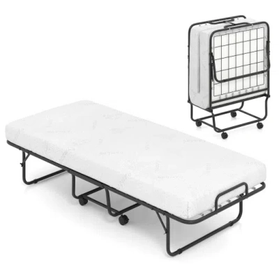 Costway Cot Size Folding Bed Frame With Memory Foam Mattress And Metal Frame In White