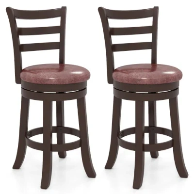Costway Counter Height Swivel Barstools Set Of 2 With Faux Leather Seat And Wrap-around Footrest-24 In Brown