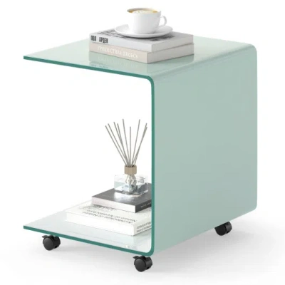 Costway C-shaped End Table Modern Tempered Glass Side Table With Shelf-white In Blue