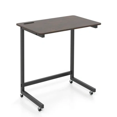 Costway C-shaped End Table With Wheels Mobile Bedside Table With Built-in Phone Slot-rustic Brown In Gray
