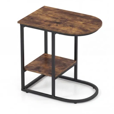 Costway C-shaped Modern Sofa Side Table With Faux Marble Tabletop And Storage Shelf-rustic Brown