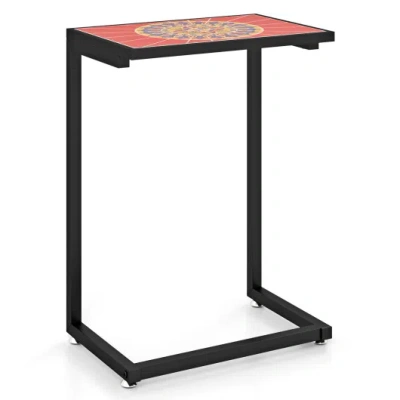 Costway C-shaped Waterproof Outdoor Side End Table With Ceramic Top In Brown