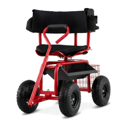 Costway Cushioned Rolling Garden Cart Scooter With Storage Basket And Tool Pouch-black & Red