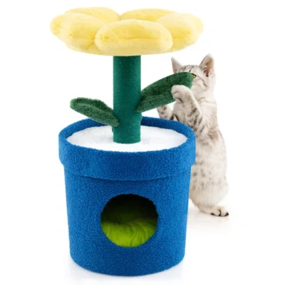 Costway Cute Cat Tree With Flower Padded Perch For Indoor Cats-yellow In Blue