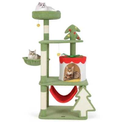 Costway Cute Christmas Cat Tree With Sisal Scratching Posts And Gift Box Shaped Condo-green
