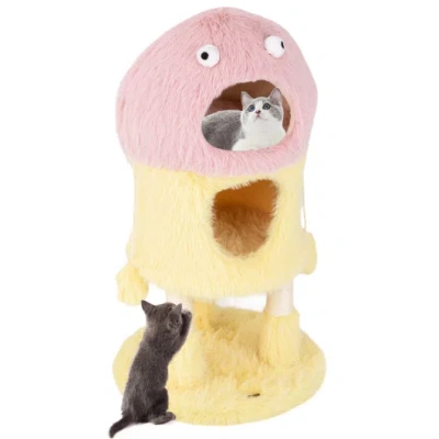 Costway Cute Monster-themed Cat Tower With 2 Private Condos And 3-level Activity Center-yellow In Multi