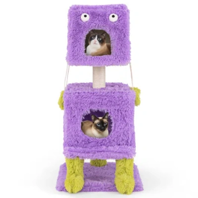 Costway Cute Monster-themed Cat Tower With 2 Private Condos For Small Place-purple In Multi