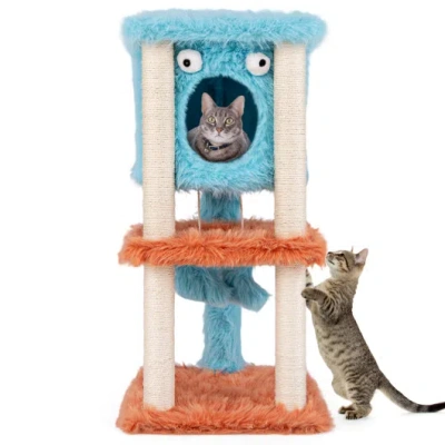 Costway Cute Monster-themed Cat Tower With Private Condo And Soft Long Plush-blue In Animal Print