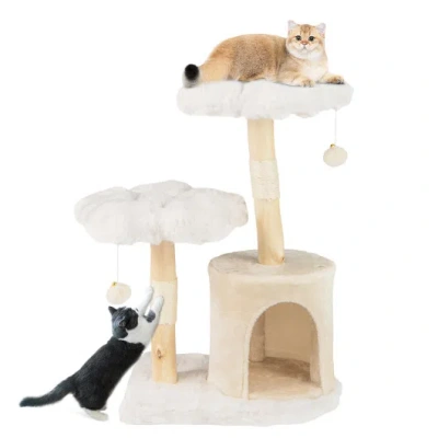 Costway Cute Solid Wood Cat Tree Natural Branch Modern Flower Cat Tower With Sisal Scratching Posts-beige In White