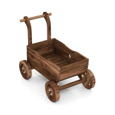 Costway Decorative Wooden Wagon Cart With Handle Wheels And Drainage Hole-rustic Brown
