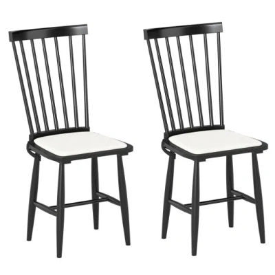 Costway Dining Chairs Set Of 2 Farmhouse Solid Rubber Wood Windsor Chairs With Removable Seat Cushions-black