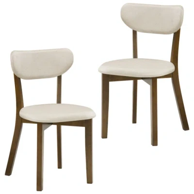 Costway Dining Chairs Set Of 2 Upholstered Mid-back Chairs With Solid Rubber Wood Frame-white In Brown