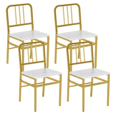 Costway Dining Chairs Set Of 4 With Slatted Backrest & Metal Frame And Wooden Seat-white In Gold