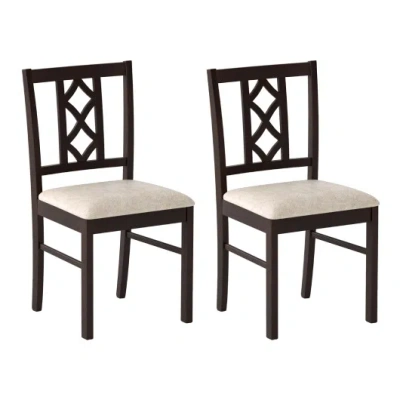 Costway Dining Room Chairs Set Of 2 Rubber Wood Dining Chairs With Hollowed Backrest-brown In Multi