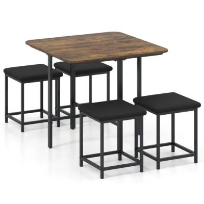 Costway Dining Table Set With 4 Upholstered Stools And Metal Frame-rustic Brown In Black