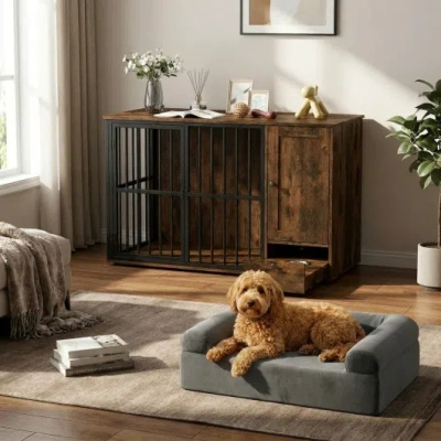 Costway Dog Crate Furniture & Cooling Gel Dog Bed For Small And Medium Dogs In Blue