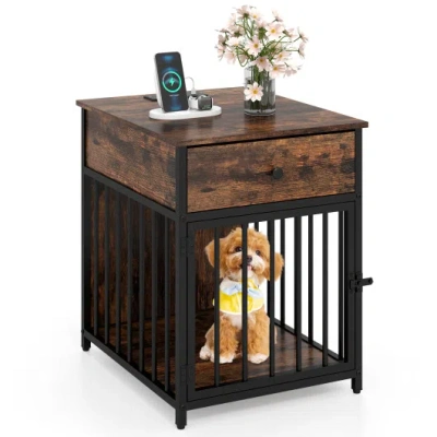 Costway Dog Crate Furniture For Small Dogs Wooden Puppy Kennel With Charging Station-rustic Brown