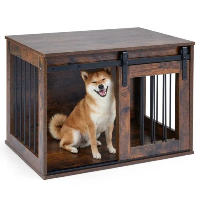 Costway Dog Crate Furniture Heavy Duty Dog Kennel With Sliding Barn Door-rustic Brown