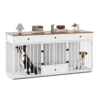 Costway Dog Crate Furniture Indoor Modern Dog Kennel With Divider 3 Drawers And Pull-out Feeder-white