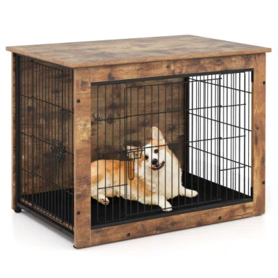 Costway Dog Crate Furniture With Cushion And Double Doors For Small/medium Dogs-33 Inches In Brown