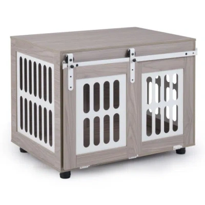 Costway Dog Crate Furniture With Sliding Barn Door For Small Medium Dogs-gray In Brown