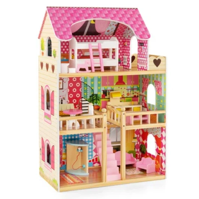 Costway Doll House Playset With 3 Stories And 6 Simulated Rooms And 15 Pieces Of Furniture-pink In Multi