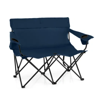 Costway Double Camping Chair 2-person Outdoor Folding Loveseat With Cup Holders-blue