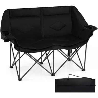 Costway Double Camping Chair With Cup Holders Glass Racks And Mesh Pockets-black