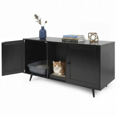 Costway Double Cat Litter Box Enclosure For 2 Cats With Scratching Pad And Double Rooms-black In Gray