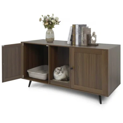 Costway Double Cat Litter Box Enclosure For 2 Cats With Scratching Pad And Double Rooms-walnut In Brown