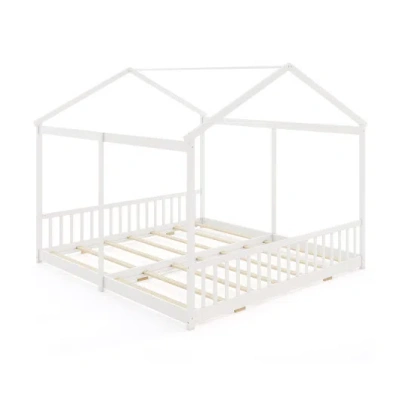 Costway Double Floor Bed For Twins House Beds With Safety Guardrails For 2 Kids-white In Gray