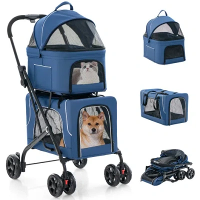 Costway Double Pet Stroller Foldable 3-in-1 Dog Stroller With 2 Detachable Carriers-blue