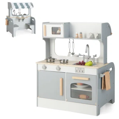 Costway Double Sided Kids Pretend Kitchen Playset With 2-seat Cafe-gray In Blue