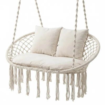 Costway Double Swing Chair With Cushions Macrame Hanging Hammock Chair For Indoor And Outdoor Use-beige In Multi