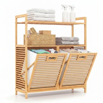 Costway Double Tilt Out Laundry Hamper With 2 Shelves For Dirty Clothes-natural In Brown
