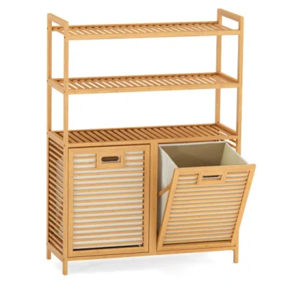 Costway Double Tilt Out Laundry Hamper With 3 Shelves And 2 Removable Baskets For Dirty Clothes-natural In Brown