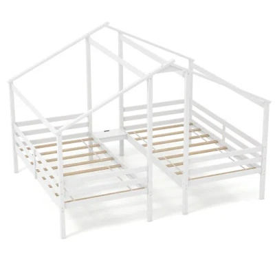 Costway Double Twin Size Wooden Bed Frames With Built-in Table For Kids-white