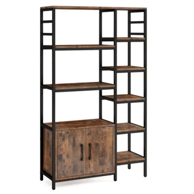 Costway Double Wide 8-tier Bookshelf With 2-door Cabinet For Living Room Home Office-rustic Brown
